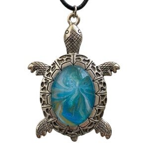Handmade Turtle Pendant Necklace Blue Ocean Fluid Art Cabochon by Svetlana Yeung